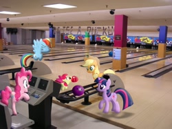 Size: 1332x998 | Tagged: safe, artist:willyvwj, apple bloom, applejack, pinkie pie, rainbow dash, twilight sparkle, earth pony, pegasus, pony, unicorn, g4, bowling alley, bowling ball, facehoof, female, filly, foal, irl, mare, photo, ponies in real life, unicorn twilight
