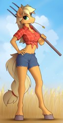 Size: 1220x2387 | Tagged: safe, artist:yakovlev-vad, applejack, earth pony, anthro, unguligrade anthro, g4, belly button, breasts, busty applejack, clothes, female, front knot midriff, looking at you, midriff, pitchfork, shorts, solo, straw in mouth