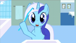 Size: 720x405 | Tagged: safe, artist:jacob kitts, minuette, pony, unicorn, g4, absurd file size, absurd gif size, animated, blinking, blue eyes, brushie brushie, female, gif, hoof hold, hooves, horn, looking at you, mare, open mouth, smiling, smiling at you, solo, talking, toothbrush, two toned mane, youtube link