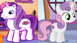 Size: 1280x720 | Tagged: safe, artist:megalobronia, edit, screencap, sweetie belle, sweetie belle (g3), pony, unicorn, g3, g4, meet the ponies, on your marks, sweetie belle's new cake party, comparison, cropped, female, filly, foal, the cmc's cutie marks