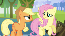 Size: 1920x1080 | Tagged: safe, screencap, applejack, fluttershy, earth pony, pegasus, pony, g4, keep calm and flutter on, season 3, angry, applejack's hat, cowboy hat, duo, duo female, eye contact, female, flying, frown, hat, looking at each other, looking at someone, mare, stetson