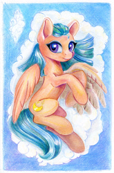 Size: 792x1200 | Tagged: safe, artist:maytee, somnambula, pegasus, pony, g4, cloud, egyptian, egyptian pony, female, looking at you, lying down, mare, missing accessory, on a cloud, on back, smiling, smiling at you, solo, spread wings, traditional art, wings