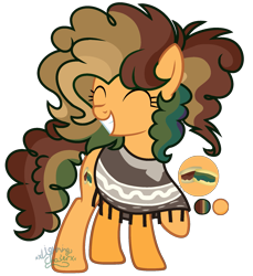 Size: 1771x1937 | Tagged: safe, artist:cheekycheesefan101, oc, oc only, oc:chocolate cookie, earth pony, pony, ^^, clothes, earth pony oc, eyes closed, female, full body, grin, hooves, mare, multicolored mane, multicolored tail, offspring, parent:cheese sandwich, parent:lightning dust, poncho, raised hoof, show accurate, simple background, smiling, solo, standing, tail, transparent background