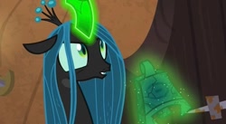 Size: 827x454 | Tagged: safe, screencap, queen chrysalis, changeling, changeling queen, g4, bell, female, grogar's bell