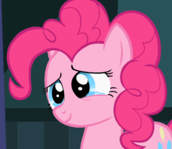 Size: 830x720 | Tagged: safe, screencap, pinkie pie, earth pony, pony, baby cakes, g4, season 2, animated, blue eyes, cropped, crying, female, gif, happy, loop, male, mare, pink mane, pinkie cry, reaction image, smiling, solo, tears of joy, teary eyes
