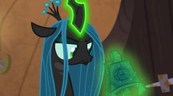 Size: 827x456 | Tagged: safe, screencap, queen chrysalis, changeling, changeling queen, frenemies (episode), g4, bell, female, grogar's bell