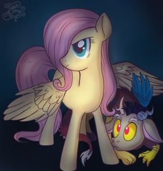 Size: 1679x1758 | Tagged: safe, artist:tigerofmyeye, discord, fluttershy, draconequus, pegasus, discoshy, female, filly, foal, male, protecting, shipping, signature, story included, straight, young discord
