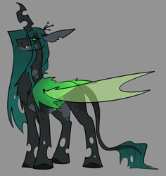 Size: 1018x1078 | Tagged: safe, artist:rockin_candies, queen chrysalis, changeling, changeling queen, chest fluff, crown, eye clipping through hair, fangs, female, gray background, hair over one eye, horn, insect wings, jewelry, leonine tail, regalia, simple background, smiling, smug, solo, solo female, tail, wings
