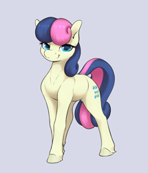 Size: 2808x3266 | Tagged: safe, artist:aquaticvibes, bon bon, sweetie drops, earth pony, pony, g4, blue eyes, eyelashes, female, full body, gray background, high res, hooves, looking at you, mare, simple background, smiling, smiling at you, solo, standing, tail, three quarter view, two toned mane, two toned tail