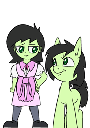 Size: 1000x1414 | Tagged: safe, alternate version, artist:happy harvey, edit, oc, oc only, oc:filly anon, earth pony, human, pony, equestria girls, g4, bow, clothes, colored pupils, dress, ear fluff, earth pony oc, female, filly, foal, human ponidox, humanized, looking at each other, looking at someone, looking down, looking sideways, looking up, phone drawing, pink dress, self paradox, self ponidox, shoes, simple background, smiling, stockings, thigh highs, transparent background, unamused