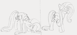 Size: 1413x636 | Tagged: safe, artist:dotkwa, fluttershy, bird, pegasus, pony, g4, black and white, chick, flutterpred, food, gray background, grayscale, meat, monochrome, out of character, ponies eating meat, puffy cheeks, simple background, sketch, solo, vore