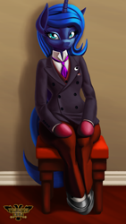 Size: 4320x7680 | Tagged: safe, artist:tsaritsaluna, princess luna, alicorn, semi-anthro, g4, absurd resolution, arm hooves, chair, clothes, female, gloves, jacket, looking at you, mare, necktie, pants, shoes, sitting, stool, suit, waistcoat