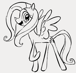 Size: 853x821 | Tagged: safe, artist:dotkwa, fluttershy, pegasus, pony, g4, gray background, grayscale, looking at you, monochrome, open mouth, open smile, simple background, smiling, smiling at you, solo, spread wings, wings