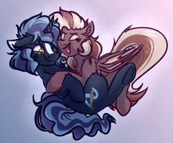 Size: 4000x3300 | Tagged: safe, artist:witchtaunter, oc, oc:efflorescence, oc:witching hour, bat pony, pony, unicorn, bat pony oc, chest fluff, couple, cuddling, cute, ear fluff, eyes closed, female, floppy ears, gradient background, happy, laughing, male, shoulder fluff, smiling, witchessence