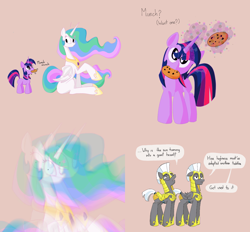 Size: 2302x2137 | Tagged: safe, artist:aragón, princess celestia, twilight sparkle, alicorn, earth pony, pegasus, pony, unicorn, g4, comic, cookie, cute, daaaaaaaaaaaw, female, filly, filly twilight sparkle, foal, food, height difference, high res, levitation, magic, male, mare, missing cutie mark, momlestia, mouth hold, royal guard, simple background, stallion, surprised, telekinesis, twiabetes, younger