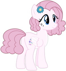 Size: 1056x1136 | Tagged: safe, artist:camomiie, oc, oc only, oc:sugar puff, pegasus, pony, base used, blue eyes, butt, coat markings, colored wings, colored wingtips, eyelashes, female, flower, flower in hair, folded wings, full body, hooves, magical lesbian spawn, mare, offspring, parent:fluttershy, parent:pinkie pie, parents:flutterpie, pegasus oc, plot, show accurate, simple background, smiling, solo, standing, tail, transparent background, wings