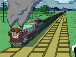 Size: 1024x763 | Tagged: safe, artist:sergeant16bit, yona, g4, cloud, commission, inanimate tf, locomotive, not salmon, steam, train, train tracks, trainified, transformation, tree, vehicle, wat, why