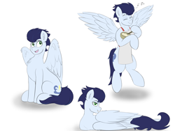 Size: 4000x3000 | Tagged: safe, artist:astrum, soarin', pegasus, pony, g4, apron, bowl, clothes, digital art, eyes closed, floating, flying, lidded eyes, looking at you, looking up, lying down, male, mixing bowl, music notes, on side, open mouth, rear view, simple background, sitting, sketch, smiling, solo, spoon, spread wings, stallion, white background, wings