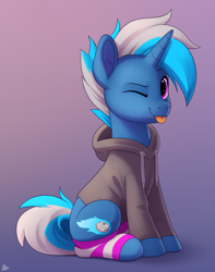Size: 1500x1900 | Tagged: safe, artist:luminousdazzle, oc, oc only, oc:silver comet, pony, unicorn, :p, clothes, ear fluff, full body, gradient background, hoodie, hooves, horn, leg warmers, magenta eyes, male, one eye closed, signature, sitting, smiling, solo, stallion, tail, three quarter view, tongue out, two toned mane, two toned tail, unicorn oc, wink