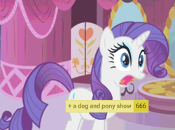 Size: 1167x866 | Tagged: safe, rarity, pony, unicorn, derpibooru, a dog and pony show, g4, 666, carousel boutique, eyeshadow, horn, makeup, meta, open mouth, purple mane, surprised, tags, text