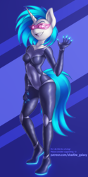Size: 600x1200 | Tagged: safe, artist:shad0w-galaxy, dj pon-3, vinyl scratch, unicorn, anthro, plantigrade anthro, g4, belly button, bodysuit, breasts, clothes, female, hand on hip, horn, mare, neon, patreon, simple background, smiling, solo, thighs, tight clothing, visor, waving