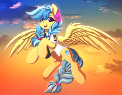 Size: 2275x1786 | Tagged: safe, alternate version, artist:ask-colorsound, oc, oc only, oc:jeppesen, pegasus, pony, braid, braided tail, clothes, cloud, commission, cute, feather, female, flight suit, flower, flower in hair, looking at you, mare, multicolored hair, necktie, pegasus oc, pilot, purple eyes, sky, solo, spread wings, sunset, tail, twin braids, uniform, wings, ych result, yellow fur