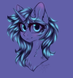 Size: 1500x1600 | Tagged: safe, artist:jsunlight, oc, oc only, oc:kate, pony, unicorn, blue background, bust, chest fluff, horn, looking at you, portrait, signature, simple background, solo