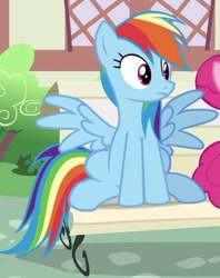 Size: 960x1213 | Tagged: safe, screencap, pinkie pie, rainbow dash, earth pony, pegasus, pony, daring done?, g4, bench