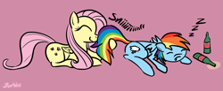 Size: 2919x1206 | Tagged: safe, artist:purblehoers, fluttershy, rainbow dash, pegasus, pony, g4, cider, cute, drunk, drunker dash, duo, eyes closed, female, go home you're drunk, happy, mare, passed out, pink background, simple background, sleeping, smiling, sniffing