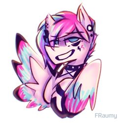 Size: 1500x1500 | Tagged: safe, artist:fraumflug, part of a set, zipp storm, pegasus, pony, g5, my little pony: a new generation, bust, choker, ear piercing, eye clipping through hair, female, lidded eyes, mare, piercing, simple background, smiling, solo, spiked choker, white background, wings