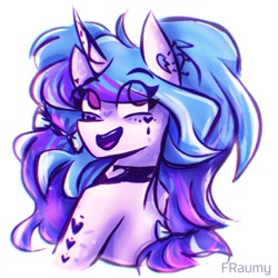 Size: 1500x1500 | Tagged: safe, artist:fraumflug, part of a set, izzy moonbow, pony, unicorn, g5, my little pony: a new generation, bust, choker, ear piercing, eye clipping through hair, female, makeup, mare, open mouth, open smile, piercing, simple background, smiling, solo, white background