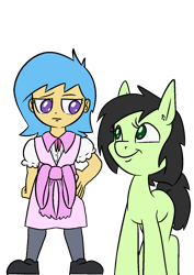 Size: 1000x1414 | Tagged: safe, artist:happy harvey, oc, oc only, oc:filly anon, oc:little league, earth pony, human, pony, equestria girls, g4, bow, clothes, colored pupils, dress, ear fluff, earth pony oc, female, filly, foal, humanized, looking at each other, looking at someone, looking down, looking sideways, looking up, phone drawing, pink dress, shoes, simple background, smiling, stockings, thigh highs, transparent background, unamused