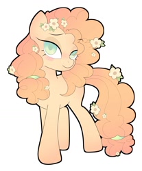 Size: 1062x1281 | Tagged: safe, artist:kreedie, pear butter, earth pony, pony, g4, blushing, female, flower, flower in hair, lidded eyes, mare, simple background, smiling, solo, white background