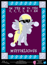 Size: 758x1054 | Tagged: safe, artist:strykarispeeder, part of a set, derpy hooves, pegasus, pony, g4, bipedal, female, mare, muffinlicious, solo, sunglasses, that one nameless background pony we all know and love, twilightlicious