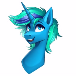 Size: 3543x3543 | Tagged: safe, artist:buvanybu, oc, oc only, pony, unicorn, bust, high res, horn, open mouth, open smile, portrait, simple background, smiling, solo, two toned mane, unicorn oc, white background