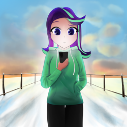 Size: 4000x4000 | Tagged: safe, artist:toffrox, starlight glimmer, equestria girls, g4, clothes, cloud, female, fence, hand in pocket, human coloration, phone, sky, snow, solo, sunset, sweater