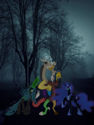 Size: 900x1200 | Tagged: safe, artist:willyvwj, discord, nightmare moon, queen chrysalis, alicorn, changeling, changeling queen, draconequus, pony, g4, antagonist, female, irl, male, photo