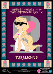 Size: 758x1054 | Tagged: safe, artist:strykarispeeder, part of a set, taralicious, oc, oc only, pony, unicorn, g4, bipedal, female, mare, sunglasses, tara strong, twilightlicious