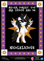 Size: 758x1054 | Tagged: safe, artist:strykarispeeder, part of a set, oc, oc only, oc:nicole, alicorn, pony, g4, alicorn oc, bipedal, caption, horn, image macro, nicole oliver, nicolelicious, sunglasses, text, twilightlicious, wings