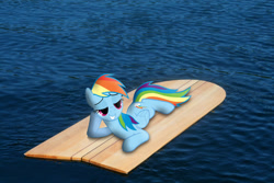 Size: 1600x1067 | Tagged: safe, artist:willyvwj, rainbow dash, pegasus, pony, g4, bedroom eyes, draw me like one of your french girls, female, folded wings, grin, hooves, irl, lying down, mare, outdoors, photo, ponies in real life, prone, smiling, solo, water, wings
