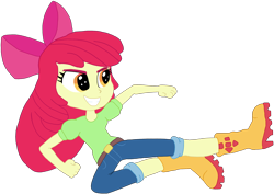 Size: 3000x2126 | Tagged: safe, artist:jebens1, artist:therandomone95, apple bloom, equestria girls, g4, apple bloom's bow, belt, boots, bow, clothes, hair bow, high res, jeans, kicking, martial arts, pants, shoes, simple background, smiling, solo, transparent background