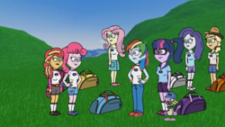 Size: 1280x720 | Tagged: safe, applejack, fluttershy, pinkie pie, rainbow dash, rarity, sci-twi, spike, spike the regular dog, sunset shimmer, twilight sparkle, dog, equestria girls, g4, angry, bag, camp everfree outfits, eddy misbehaves at camp goville, goanimate, hand on hip, hill, humane five, humane seven, humane six, worried