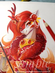 Size: 1536x2048 | Tagged: safe, artist:paipaishuaige, autumn blaze, kirin, g4, ear piercing, earring, flower, jewelry, lidded eyes, piercing, smiling, solo, traditional art