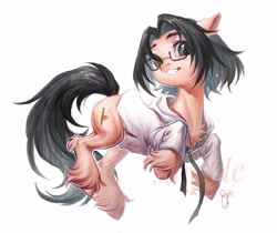 Size: 2048x1718 | Tagged: safe, artist:paipaishuaige, oc, oc only, earth pony, pony, chest fluff, clothes, commission, cute, female, glasses, hoodie, looking at you, mare, smiling, solo, traditional art, unshorn fetlocks