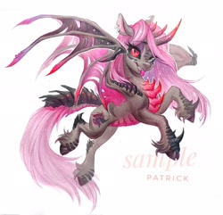Size: 2048x1978 | Tagged: safe, artist:paipaishuaige, oc, oc only, dracony, dragon, hybrid, black sclera, grin, horns, looking at you, raspberry, sharp teeth, smiling, solo, spread wings, teeth, tongue out, traditional art, webbed wings, wings