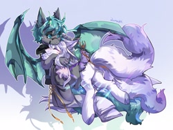 Size: 2224x1668 | Tagged: safe, artist:qamar, oc, oc only, dracony, dragon, hybrid, pony, black sclera, butt, cuddling, hug, plot, smiling, spread wings, underhoof, webbed wings, wings