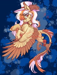 Size: 1620x2160 | Tagged: safe, artist:paipaishuaige, oc, oc only, hybrid, pony, chest fluff, choker, clock, colored wings, colored wingtips, flying, hat, leonine tail, looking at you, smiling, spread wings, tail, talons, wings