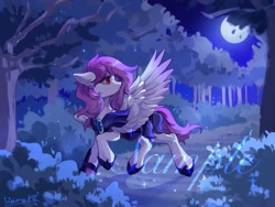 Size: 2133x1600 | Tagged: safe, artist:qamar, oc, oc only, pegasus, pony, armor, dirt road, forest, full moon, moon, night, solo, spread wings, tree, watermark, wings