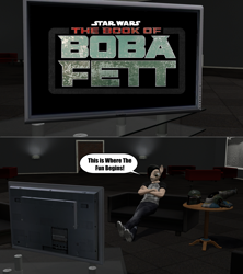 Size: 3840x4323 | Tagged: safe, artist:mr-wolfapex, oc, oc only, oc:kurt marek (electro-crit), anthro, 3d, boba fett, book of boba fett, couch, dialogue, star wars, television