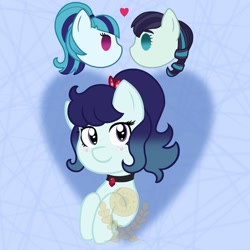 Size: 1080x1080 | Tagged: safe, artist:alkane.adopts, coloratura, sonata dusk, oc, oc:showtime, pony, g4, abstract background, choker, crack ship offspring, equestria girls ponified, female, floating heart, gem, heart, lesbian, looking at you, magical lesbian spawn, obtrusive watermark, offspring, parent:coloratura, parent:sonata dusk, ponified, rara, shipping, siren gem, sontura, watermark
